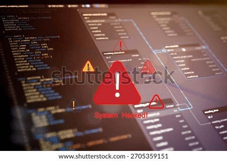 Cybersecurity breach concept showing database system hack with warning symbols and red alerts, illustrating data loss, hacking threats, and critical system vulnerability in digital networks.