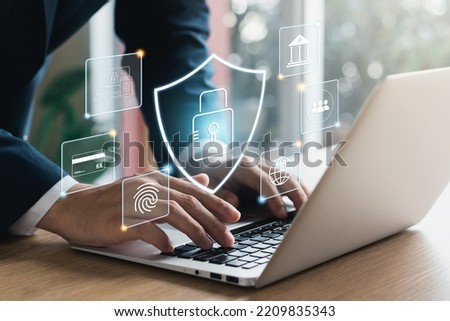 Cybersecurity business information protection technology, privacy to protect personal data, lock icon and internet network security connection technology.