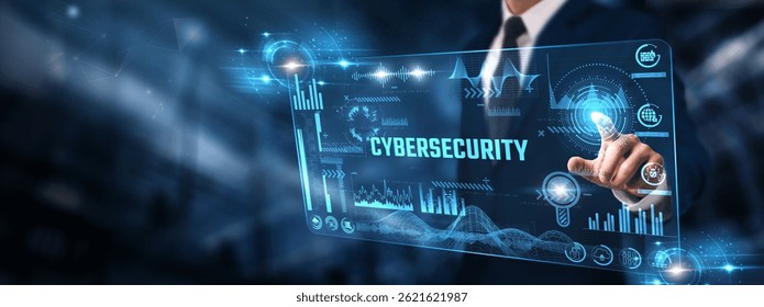 Cybersecurity: Businessman analyzing digital screen of graph data and threat detection, data encryption, network security, risk assessment, and vulnerability management.