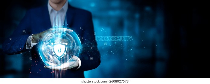 Cybersecurity: Businessman holding innovation technology to develop smart solutions from digital interfaces, data protection, threat detection, secure communications.