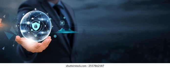 Cybersecurity: Businessman holds global business globe with network connected to Cybersecurity Solutions, Data Protection, Securing Digital Infrastructure.