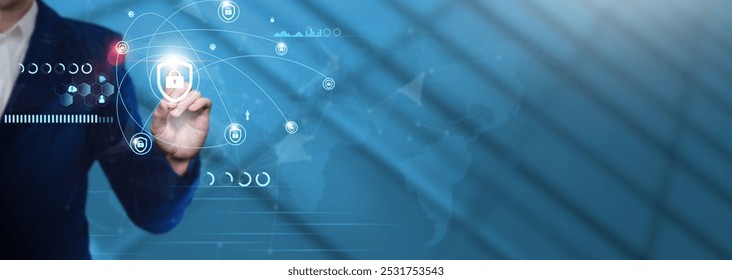 Cybersecurity: Businessman Pointing with Cybersecurity Icon and Technological Business Data Network. Ensuring Data Protection, Threat Detection, Risk Management. - Powered by Shutterstock