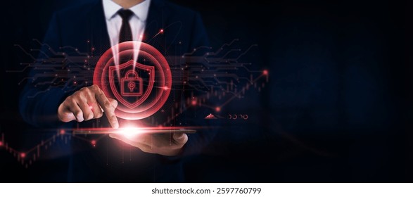 Cybersecurity Businessman Uses Tablet and Digital Networking Interface on Cybersecurity Icon on Secure Networks, Digital Platforms