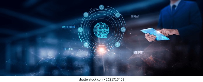 Cybersecurity: Businessman using tablet analyzing cybersecurity record on tablet. Digital protection and network connection on modern virtual screen interface, threat detection, technology and network