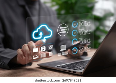 Cybersecurity Cloud Storage Online Data Backup concept, Businessman Uploading Securing Files, Documents, Videos, Global Access and Data Protection, Online Storage System, Software Prevent Data Theft