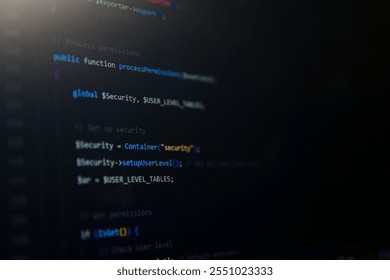 Cybersecurity Code: Close-up shot of a computer screen displaying lines of complex code, with a focus on cybersecurity functions.