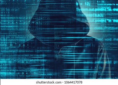 Cybersecurity, computer hacker with hoodie and obscured face, computer code overlaying image