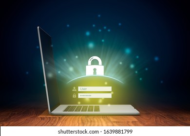 Cybersecurity and computer security concept. Notebook and login screen and padlock symbolizing computer security.
