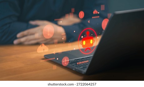 Cybersecurity concept of AI bot error or system failure. Red warning icons and sad robot hologram on laptop screen representing technical glitch, data breach, and malware attack.