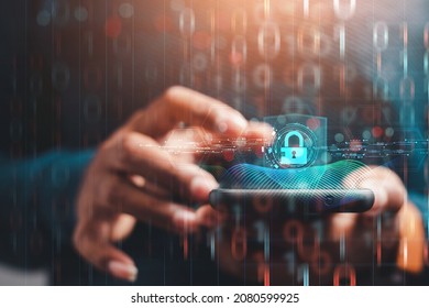 Cybersecurity Concept Business Man Shows How To Protect Cyber Technology Network From Attack By Hackers On The Internet. Secure Access To Privacy Through Smartphones Meta Protection.
