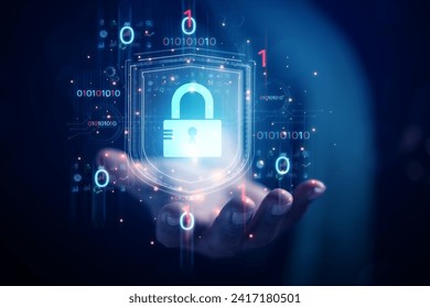 cybersecurity concept Business man shows how to protect cyber technology network from attack by hackers on the internet. Secure access to privacy through smartphones Meta protection.	