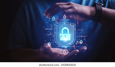 cybersecurity concept Business man shows how to protect cyber technology network from attack by hackers on the internet. Secure access to privacy through smartphones Meta protection.	