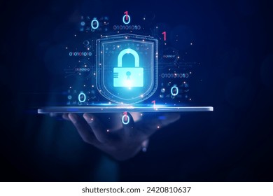 cybersecurity concept Business man shows how to protect cyber technology network from attack by hackers on the internet. Secure access to privacy through smartphones Meta protection.	