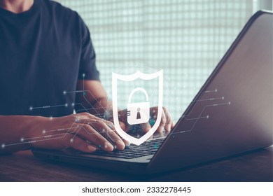 Cybersecurity concept. Businessman press enters button on the keyboard computer with Shield cyber Key lock security system abstract technology world digital link cyber security. 