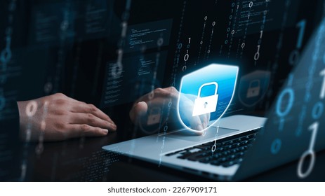 Cybersecurity concept, businessman using laptop access personal data security and banking and network security, Secure encryption.