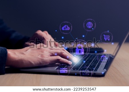 Cybersecurity concept, Businessman using laptop computer. user privacy security and encryption, secure internet access Future technology, cybernetics, internet security, data protection, padlock icon,
