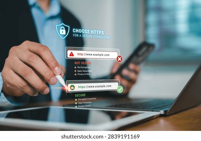 Cybersecurity concept comparing HTTP and HTTPS connections, showing secure encryption, data protection and privacy versus vulnerable unencrypted web access, online security risks and safe browsing.