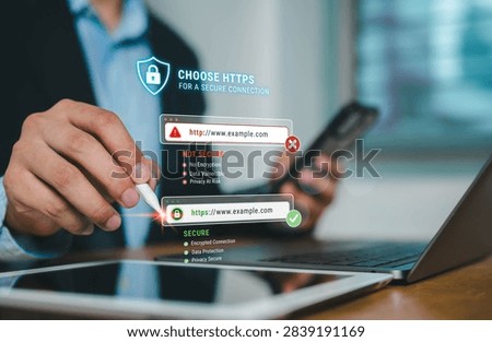 Cybersecurity concept comparing HTTP and HTTPS connections, showing secure encryption, data protection and privacy versus vulnerable unencrypted web access, online security risks and safe browsing.