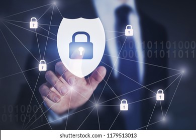 cybersecurity concept, cyber security shield button with padlocks on touch screen