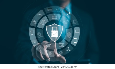 Cybersecurity concept with digital icons. Businessman touch cyber security shield protection hologram, information safety, digital encryption privacy, biometric identification, secure internet access,
