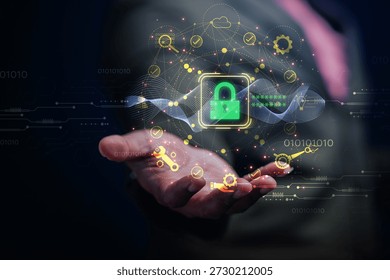 Cybersecurity concept with digital padlock and data protection icons on hand, Futuristic technology background.