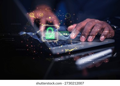 Cybersecurity concept with digital padlock and data protection icons on hand, Futuristic technology background.
