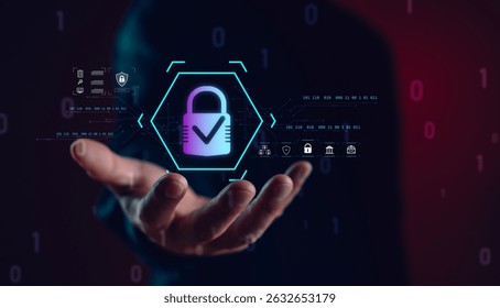 Cybersecurity concept with digital padlock icon and data protection interface. Futuristic design representing online safety, privacy encryption, and secure technology systems.