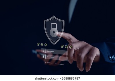 Cybersecurity concept with a digital padlock shield and login interface on a virtual screen, representing online data protection, privacy, password security, and safe user authentication system.