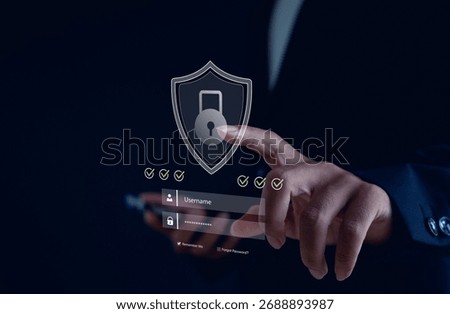 Cybersecurity concept with a digital padlock shield and login interface on a virtual screen, representing online data protection, privacy, password security, and safe user authentication system.
