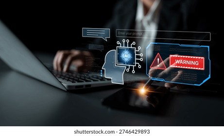 Cybersecurity concept featuring an AI detector scanning digital content for deepfakes and authenticity. Represents copyright protection, fake news prevention, and C2PA content credentials. Corpus