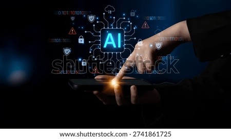 Cybersecurity concept featuring an AI detector scanning digital content for deepfakes and authenticity. Represents copyright protection, fake news prevention, and C2PA content credentials. Corpus