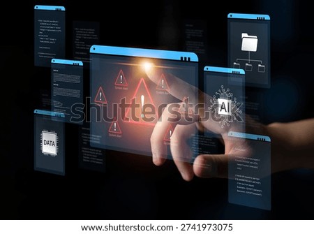 Cybersecurity concept featuring an AI detector scanning digital content for deepfakes and authenticity. Represents copyright protection, fake news prevention, and C2PA content credentials. Corpus