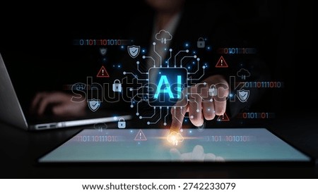 Cybersecurity concept featuring an AI detector scanning digital content for deepfakes and authenticity. Represents copyright protection, fake news prevention, and C2PA content credentials. Corpus