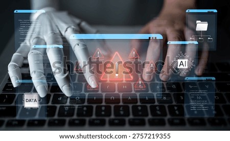 Cybersecurity concept featuring an AI detector scanning digital content for deepfakes and authenticity. Represents copyright protection, fake news prevention, and C2PA content credentials. Corpus