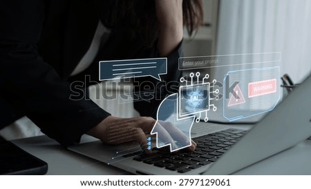 Cybersecurity concept featuring an AI detector scanning digital content for deepfakes and authenticity. Represents copyright protection, fake news prevention, and C2PA content credentials. Corpus