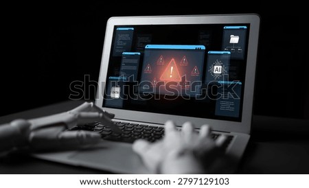 Cybersecurity concept featuring an AI detector scanning digital content for deepfakes and authenticity. Represents copyright protection, fake news prevention, and C2PA content credentials. Corpus