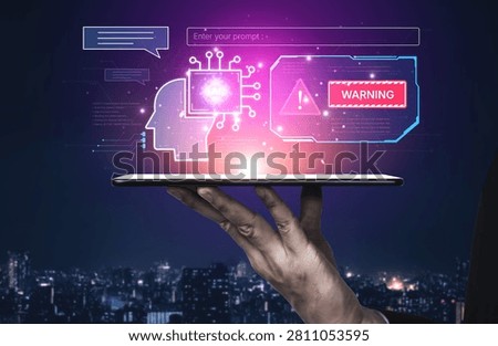 Cybersecurity concept featuring an AI detector scanning digital content for deepfakes and authenticity. Represents copyright protection, fake news prevention, and C2PA content credentials. Corpus