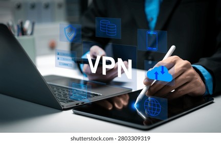 Cybersecurity concept featuring VPN connection, encrypted networks, online privacy, secure access, anonymous browsing, data protection, and digital security.