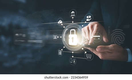 Cybersecurity Concept Global Network Security Technology, Business People Protect Personal Information. Encryption With A Key Icon On The Virtual Interface.