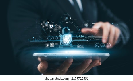cybersecurity concept Global network security technology, business people protect personal information. Encryption with a padlock icon on the virtual interface.