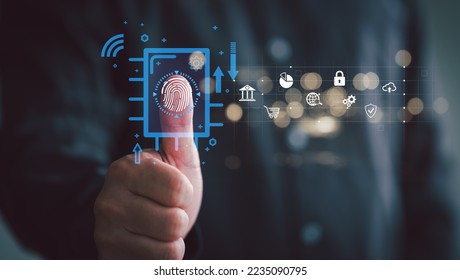 cybersecurity concept Global network security technology, business people protect personal information. Encryption with fingerprint icon on the virtual interface.