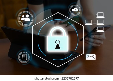 cybersecurity concept Global network security technology, business people protect personal information. Encryption with a key icon on the virtual interface