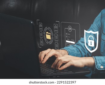 cybersecurity concept Global network security technology, business people protect personal information. Encryption with a padlock icon on the virtual interface. 