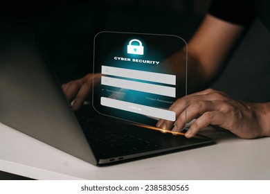Cybersecurity concept Global network security technology with business people typing keyboard login and protect personal information.