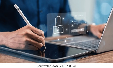 cybersecurity concept Global network security technology, business people protect personal information. Encryption with a padlock icon on the virtual interface.