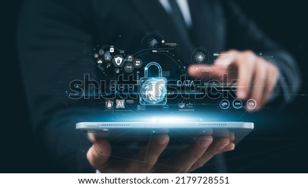 cybersecurity concept Global network security technology, business people protect personal information. Encryption with a padlock icon on the virtual interface.