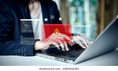 Cybersecurity concept with hacker attack alert on laptop screen, warning system hacked, data breach, digital crime, malware, cyber threat, and computer security risk in business technology environment