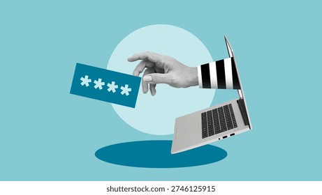 Cybersecurity concept, hacker stealing password from laptop, data breach and online fraud risk, phishing attack, identity theft and digital security threat