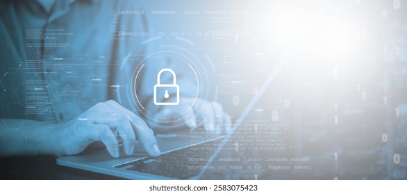 Cybersecurity concept, hands typing on laptop with digital lock icon, data protection, online privacy, secure network, information encryption, internet security, cloud-based defense system.