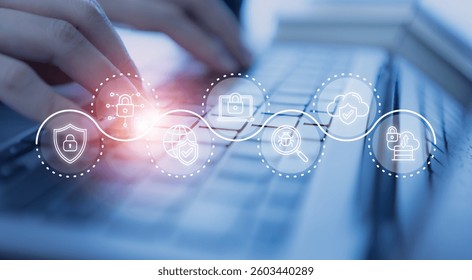Cybersecurity concept. Hands typing on a keyboard with a digital overlay of cybersecurity icons, including locks, shields, and cloud protection, data privacy, online safety and network security.